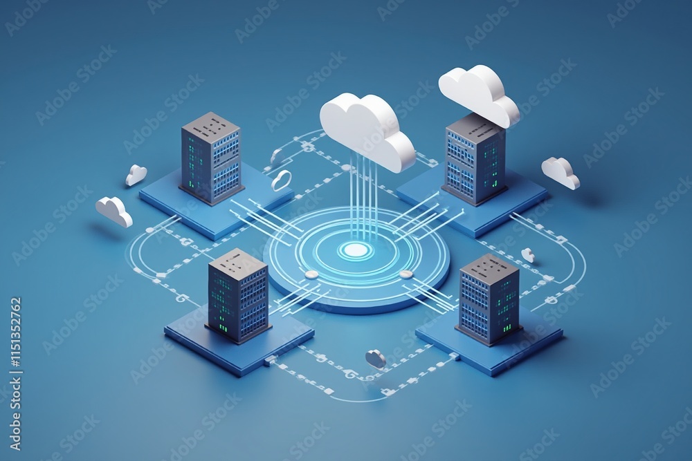 Poster Cloud computing - A 3D illustration of a cloud computing network, showcasing data servers and interconnected devices in a minimalistic design.