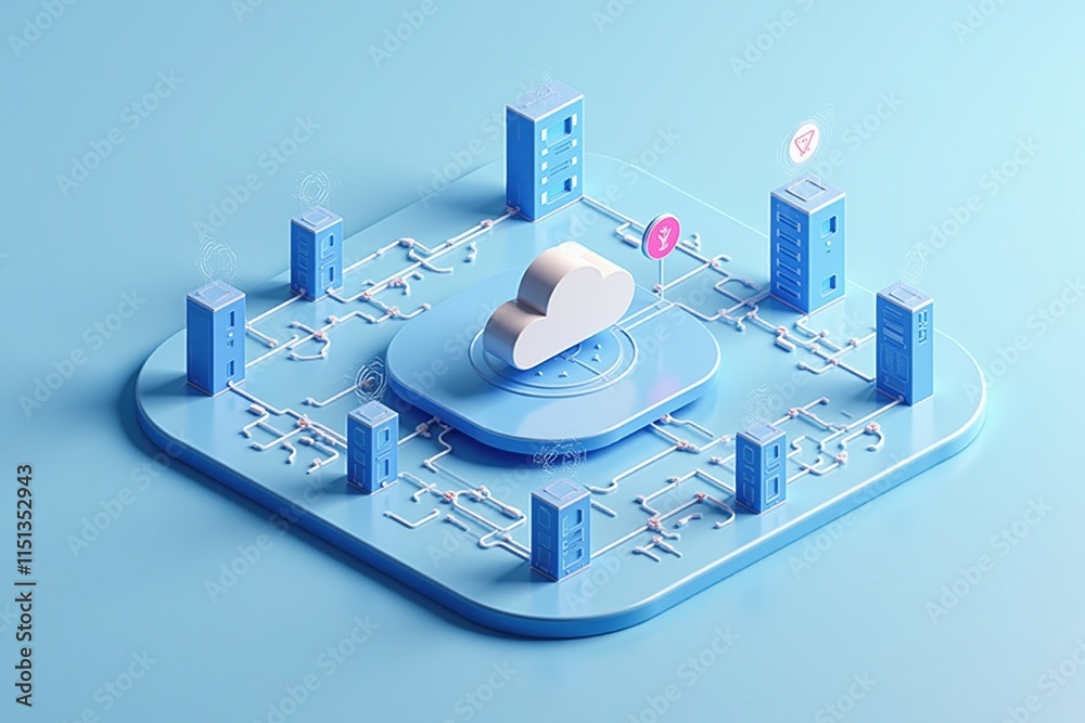 Poster Cloud computing - A 3D illustration of a cloud computing network, showcasing data servers and interconnected devices in a minimalistic design.