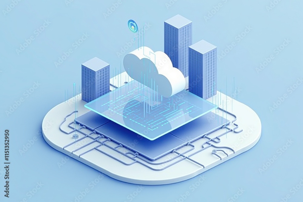 Poster Cloud computing - A 3D illustration of a cloud computing network, showcasing data servers and interconnected devices in a minimalistic design.