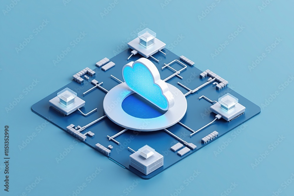 Poster Isometric 3D representation of a centralized cloud connected to devices and data nodes on a blue platform