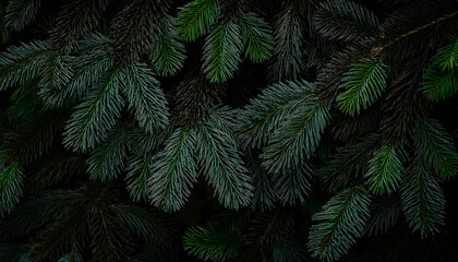 Abstract Background of Dense Green Fir Tree Branches: Moody and Textured Close-Up with Vibrant Pine Needles for Nature-Inspired Designs and Holiday Themes
