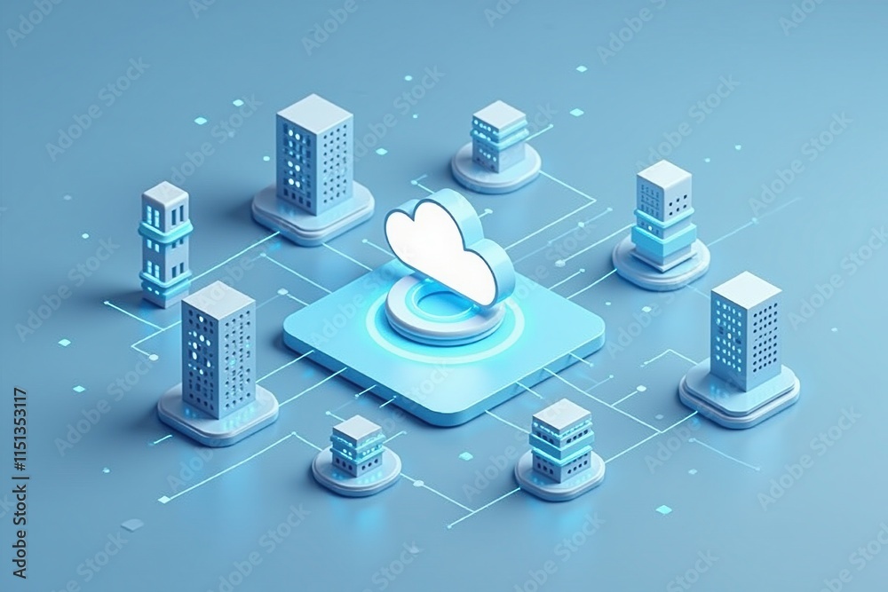 Poster Isometric 3D illustration of a cloud hub connecting multiple data centers on a blue digital platform, representing modern cloud infrastructure.