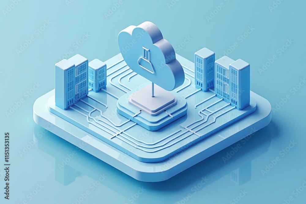 Poster Cloud computing - A 3D illustration of a cloud computing network, showcasing data servers and interconnected devices in a minimalistic design.