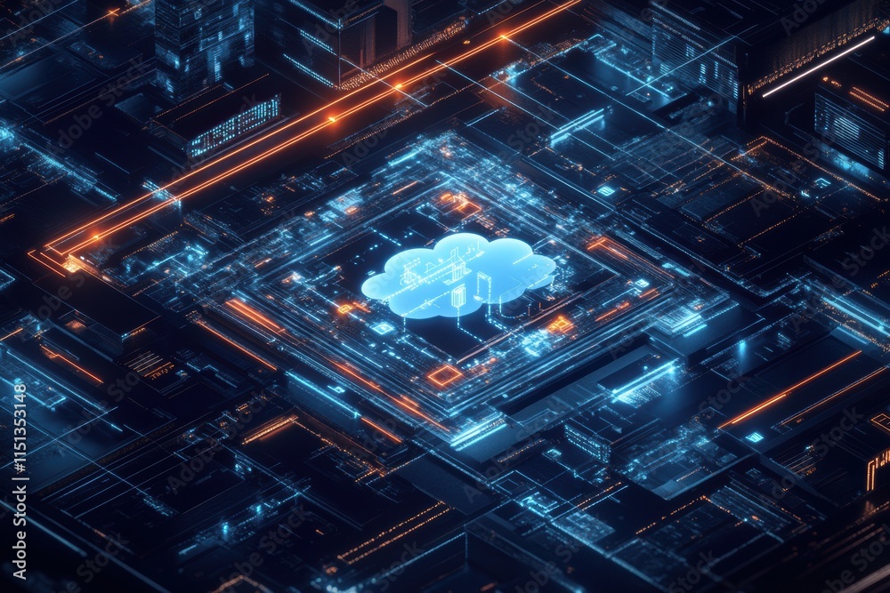 Poster Futuristic cloud representation within a glowing blue and orange digital circuit, symbolizing advanced cloud computing technology.