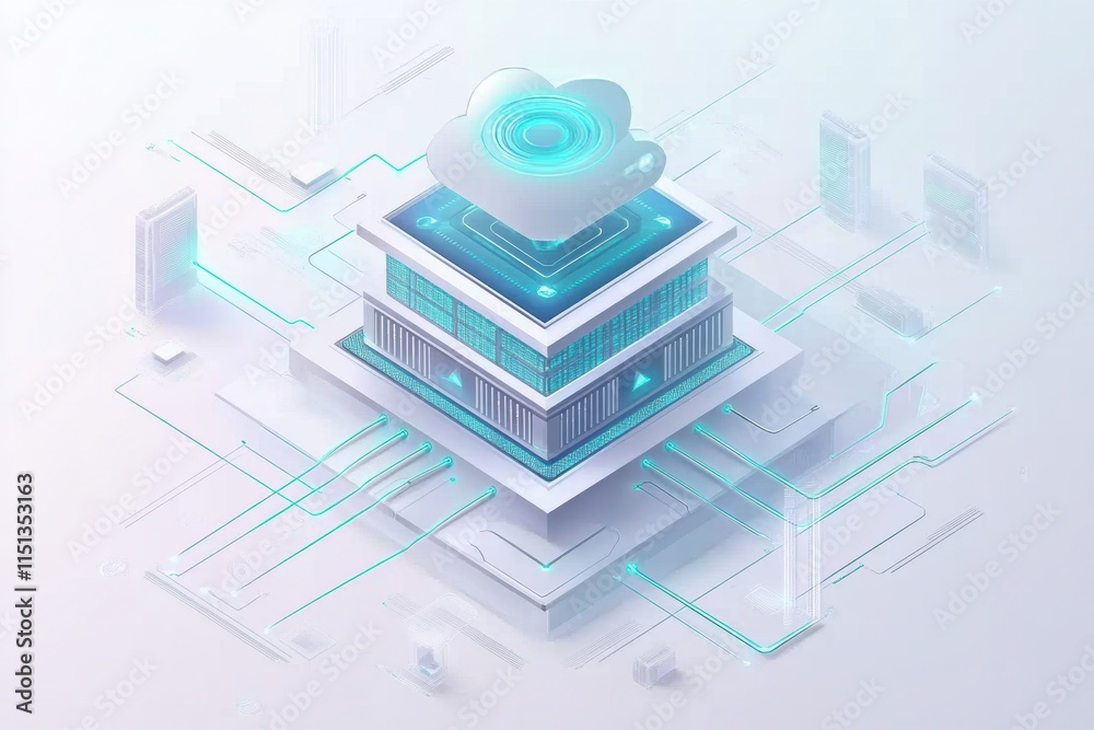 Poster Cloud computing - A 3D illustration of a cloud computing network, showcasing data servers and interconnected devices in a minimalistic design.