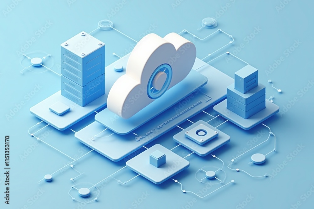 Poster Cloud computing - A 3D illustration of a cloud computing network, showcasing data servers and interconnected devices in a minimalistic design.
