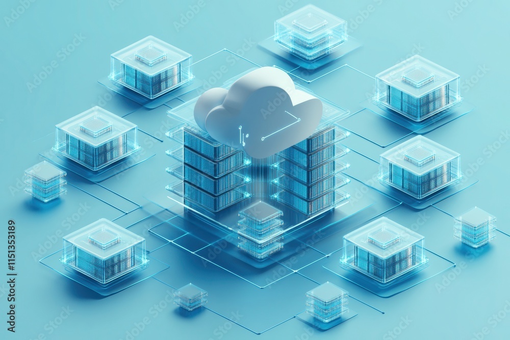 Poster Cloud computing - A 3D illustration of a cloud computing network, showcasing data servers and interconnected devices in a minimalistic design.