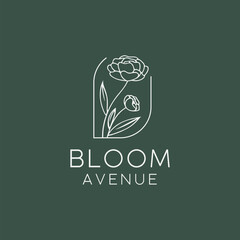 abstract hand drawn decorative vintage horizontal flower logo with stars. icon, vector illustration in trendy line linear art style. Branding. Floral Boutique, Fashion, Feminine, Art, Spiritual