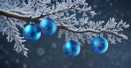 Frosty branch with snowflakes and blue ornaments, serene landscape, glittering ice, snowy tree branch