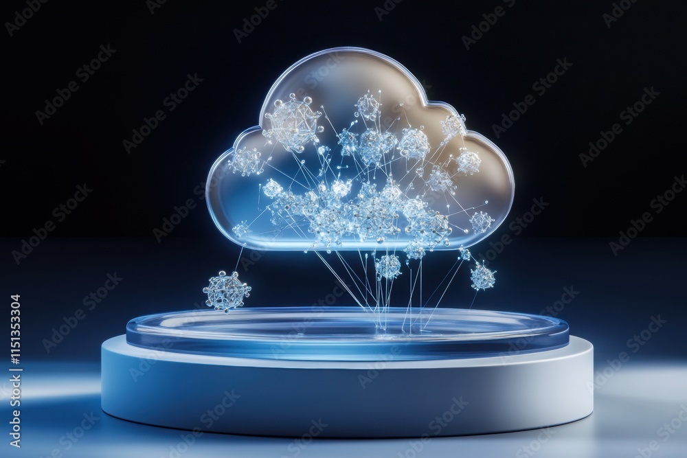 Poster Cloud computing - A 3D illustration of a cloud computing network, showcasing data servers and interconnected devices in a minimalistic design.
