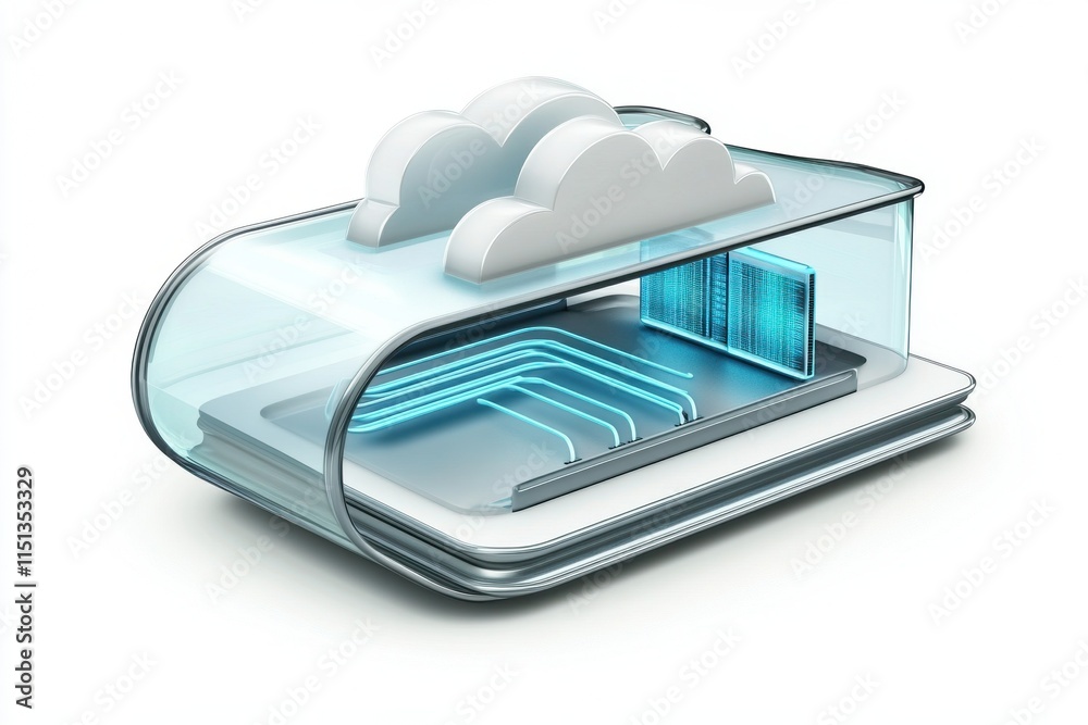 Poster Cloud computing - A 3D illustration of a cloud computing network, showcasing data servers and interconnected devices in a minimalistic design.