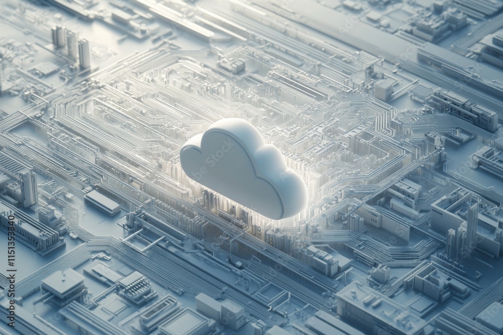 Poster Cloud computing - A 3D illustration of a cloud computing network, showcasing data servers and interconnected devices in a minimalistic design.