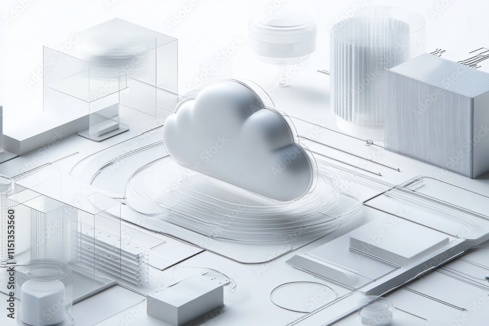 Poster Cloud computing - A 3D illustration of a cloud computing network, showcasing data servers and interconnected devices in a minimalistic design.