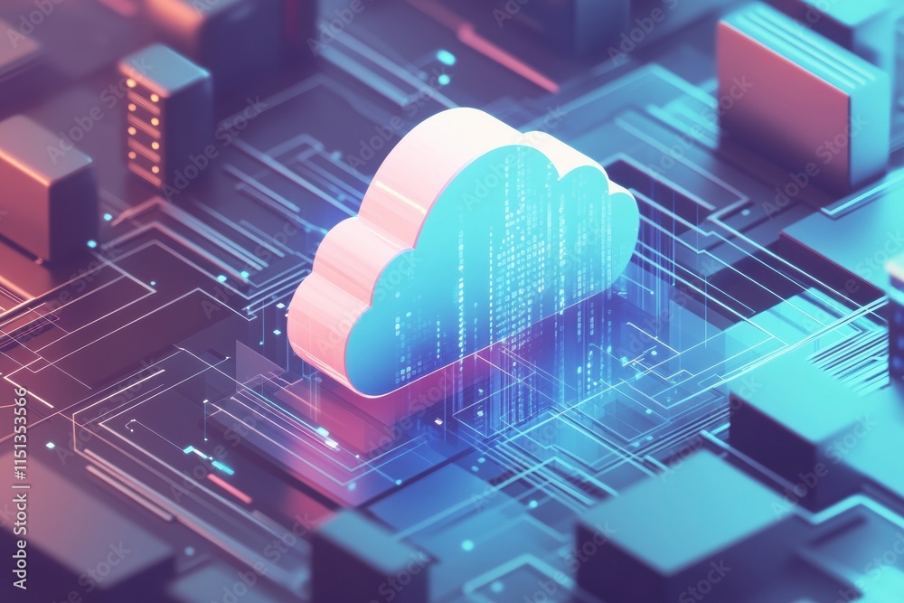 Poster Cloud computing - A 3D illustration of a cloud computing network, showcasing data servers and interconnected devices in a minimalistic design.