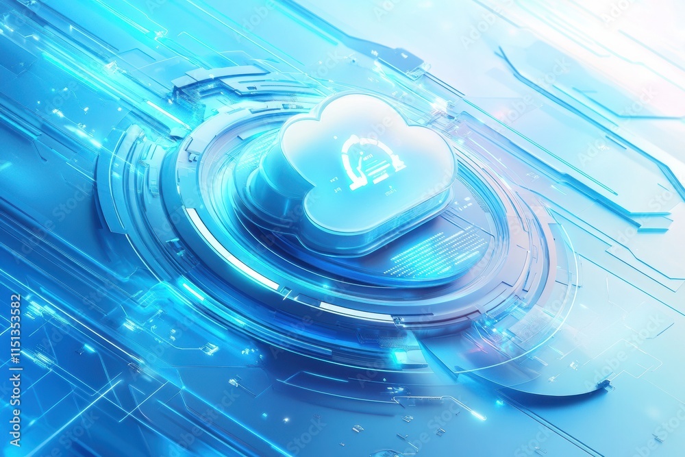 Poster Cloud computing - A 3D illustration of a cloud computing network, showcasing data servers and interconnected devices in a minimalistic design.