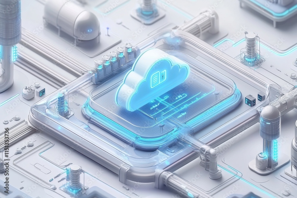 Fototapete Cloud computing - A 3D illustration of a cloud computing network, showcasing data servers and interconnected devices in a minimalistic design.