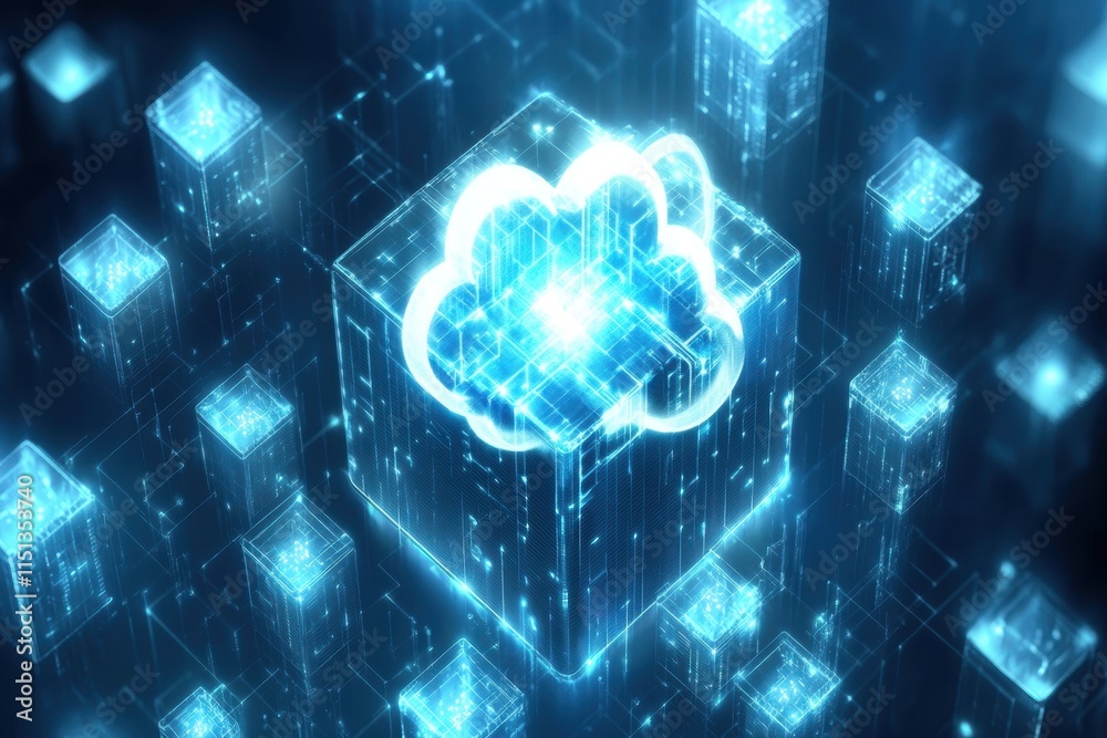 Poster Cloud computing - A 3D illustration of a cloud computing network, showcasing data servers and interconnected devices in a minimalistic design.