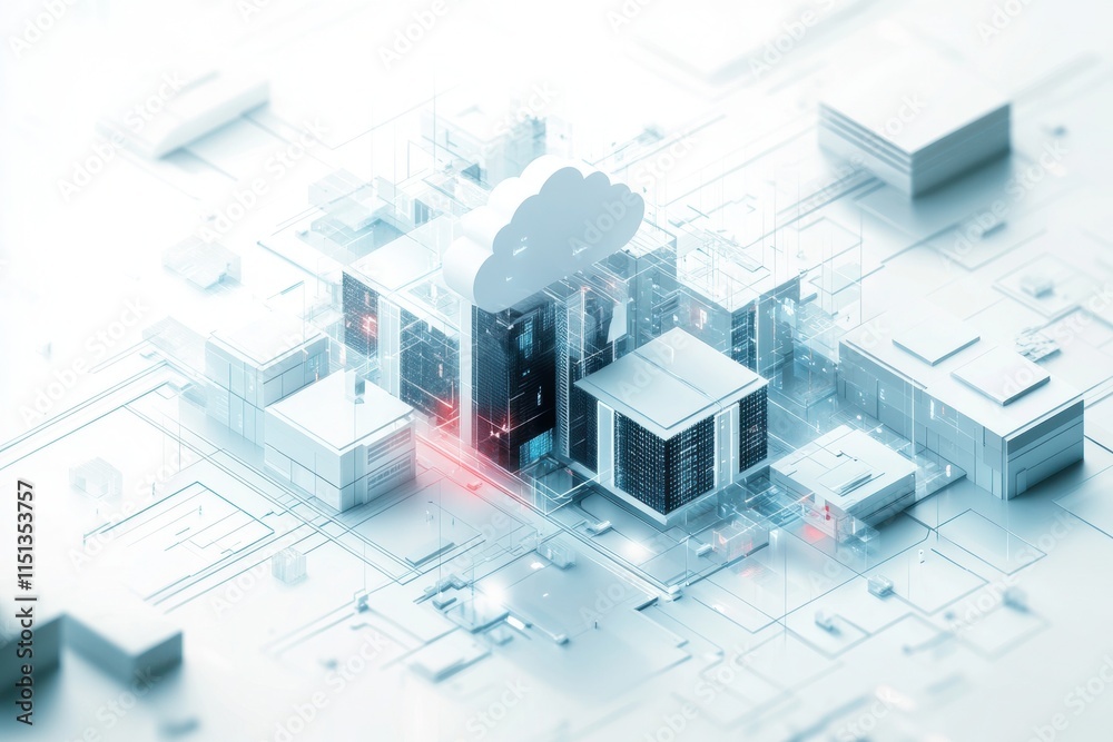 Poster Cloud computing - A 3D illustration of a cloud computing network, showcasing data servers and interconnected devices in a minimalistic design.