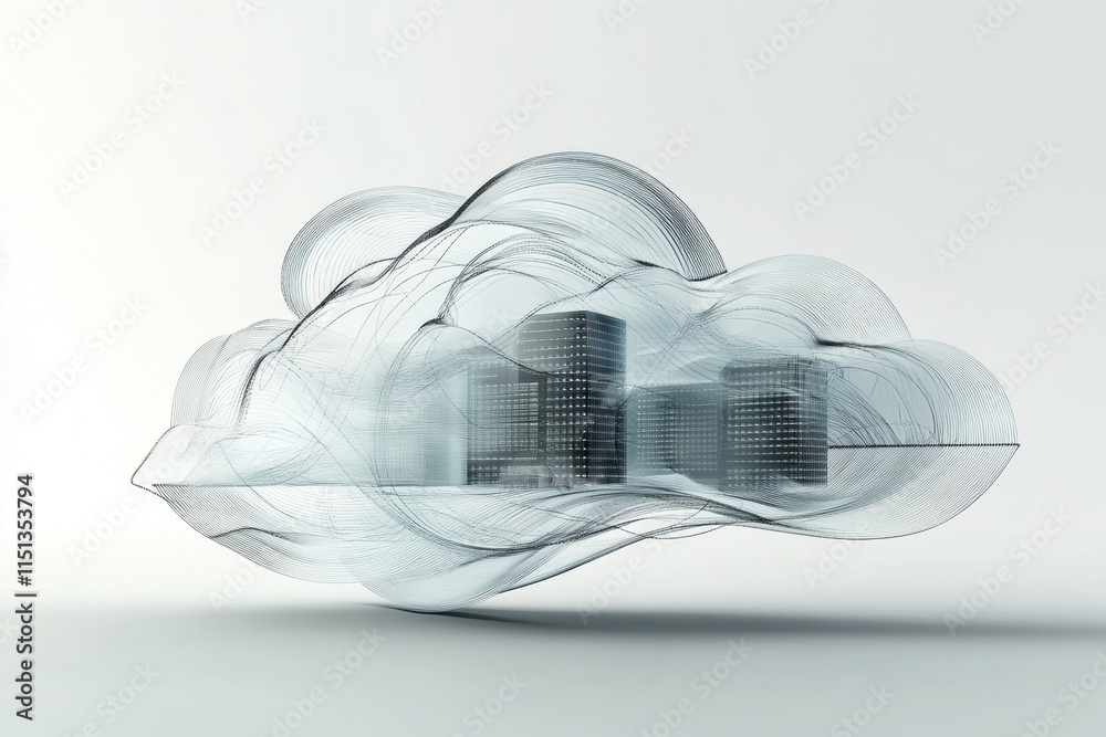 Poster Cloud computing - A 3D illustration of a cloud computing network, showcasing data servers and interconnected devices in a minimalistic design.