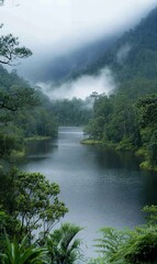 Misty lake surrounded by green trees in a mountain valley.