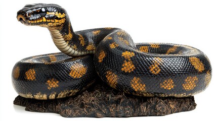 Realistic depiction of a coiled snake with vibrant coloration and intricate details