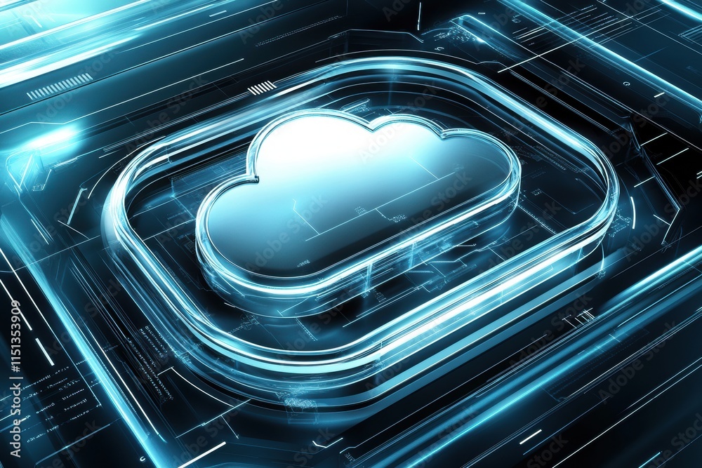 Poster High-tech glowing cloud emblem with sleek neon blue circuitry, representing advanced cloud computing systems