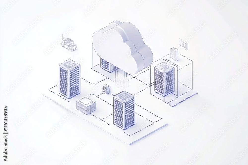 Aufkleber simplified 3d cloud network illustration with servers, data connections, and minimalist design in so