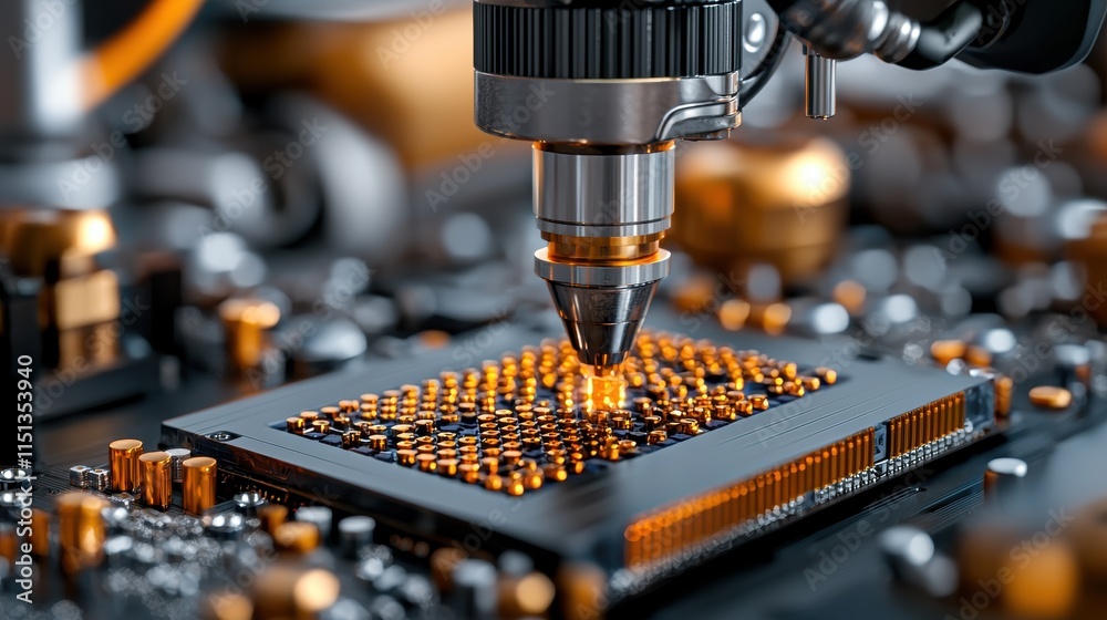 Poster close-up of advanced microchip on circuit board with precision robotic arm in high-tech manufacturin