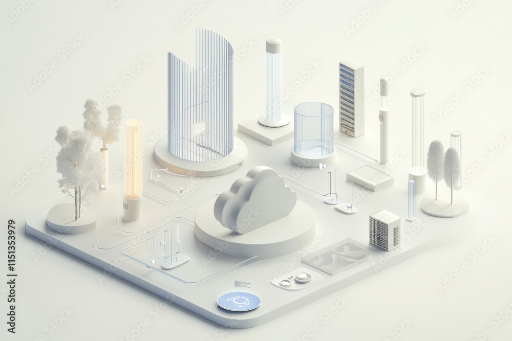Poster Cloud computing - A 3D illustration of a cloud computing network, showcasing data servers and interconnected devices in a minimalistic design.