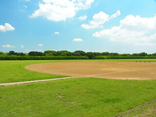 野球場のある初夏の江戸川河川敷風景