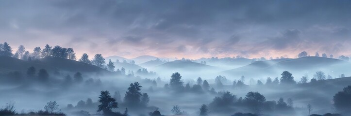 Fototapeta premium Gentle blue mist in a foggy landscape with abstract blur effects, misty atmosphere, dreamy scenery, soft focus