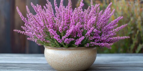 Pink Calluna vulgaris blooms beautifully in a ceramic pot, showcasing the vibrant flowers of Calluna vulgaris. This stunning arrangement of pink Calluna vulgaris enhances any space.