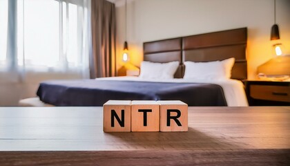 寝室のベッドとNTRのテキストが書かれた木製のブロック。aiで生成