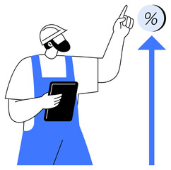 Construction worker in blue overalls with a clipboard, pointing at a percentage sign above a rising arrow. Ideal for productivity, growth analysis, construction, business improvement, project