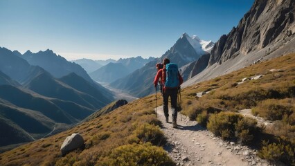 Fototapeta premium Two hikers are enjoying a scenic hike on a mountain trail, surrounded by breathtaking views of a valley and snow-capped peaks