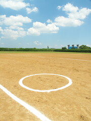 野球場のネクストバッターズサークルのある初夏の江戸川河川敷風景