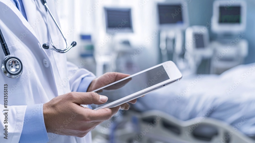 Poster a doctor using a secure digital tablet to access patient records in a modern hospital setting with a