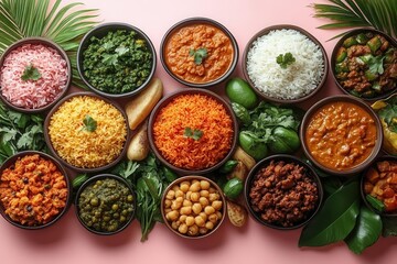 Fototapeta premium a vibrant onam food spread featuring sadhya rice elegantly arranged on a soft pink background, rich colors and textures celebrating the indian festival, ample space for text or greetings