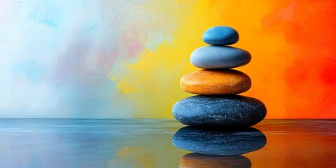 Colorful background featuring balanced pebbles, showcasing the art of balance and harmony. This image of balanced pebbles emphasizes tranquility and aesthetic appeal through its vibrant colors.
