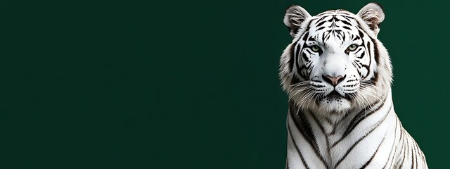 White tiger portrait against a deep green backdrop.