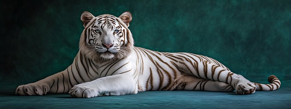 Majestic white tiger lying down on teal background.
