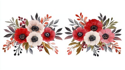 Elegant Red and White Floral Arrangement with Leaves and Berries for Spring Decor