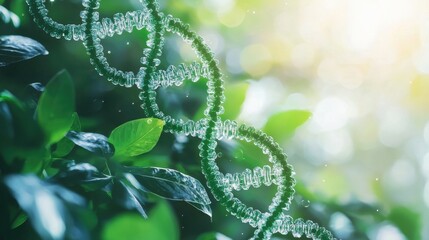 Green DNA Helix in Nature - Conceptual Image of Biotechnology and Genetic Engineering with Natural Elements