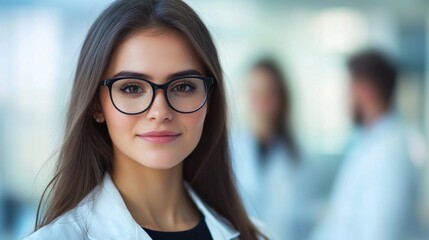 Fototapeta premium Confident Female Scientist in Laboratory Setting with Colleagues in Background