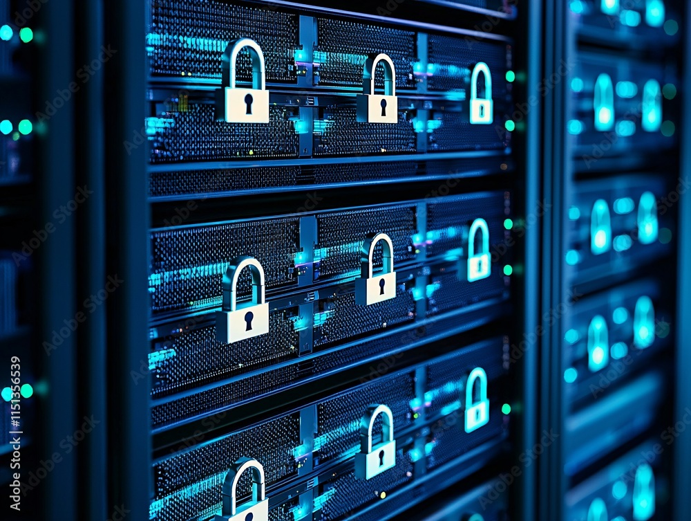Poster a server rack with padlock icons symbolizing data security in healthcare it infrastructure