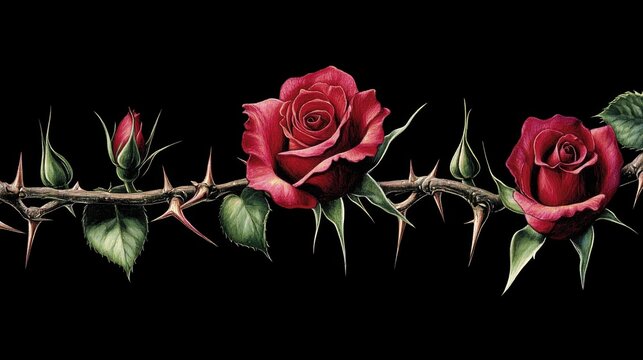 A rose vine with sharp, pointed thorns and rich red flowers, curling elegantly against a black background.