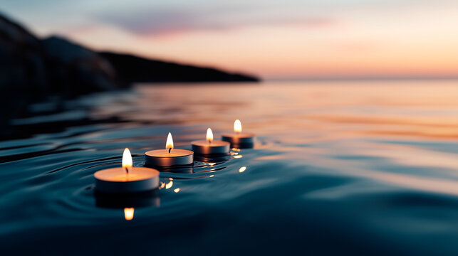 Four Tealight Candles Floating in Water at Sunset