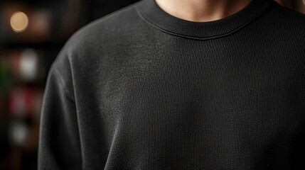 Close-Up of a Black Textured Sweater on a Person in a Cozy Indoor Setting with Soft Lighting