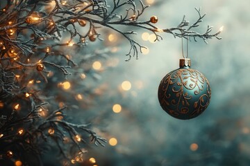 Obraz premium a whimsical christmas backdrop featuring an ornate bauble hanging from a beautifully decorated tree, surrounded by a dreamy bokeh effect with soft, warm lights creating a festive and joyful atmosphere