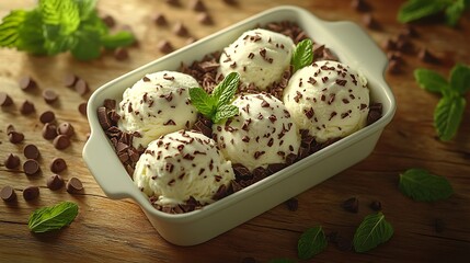 A colorful flat-lay of mint chocolate chip ice cream scoops in a white ceramic dish, topped with fresh mint and chocolate shavings,